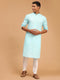 Men's Aqua Blue Cotton Kurta And White Cotton Pant Set