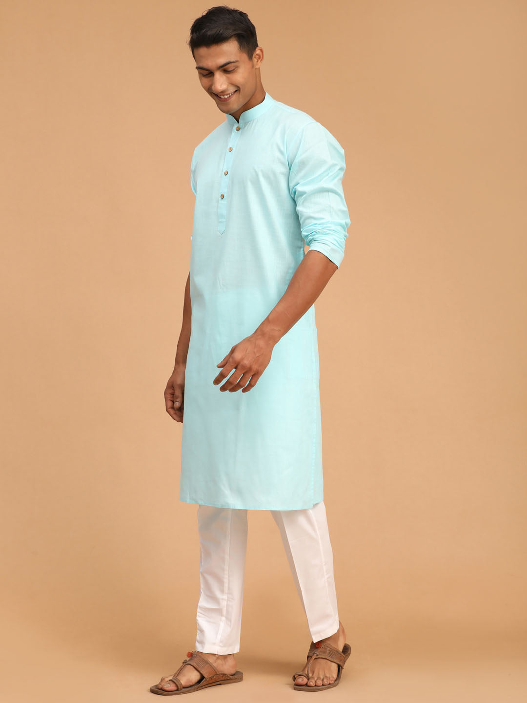 Men's Aqua Blue Cotton Kurta And White Cotton Pant Set
