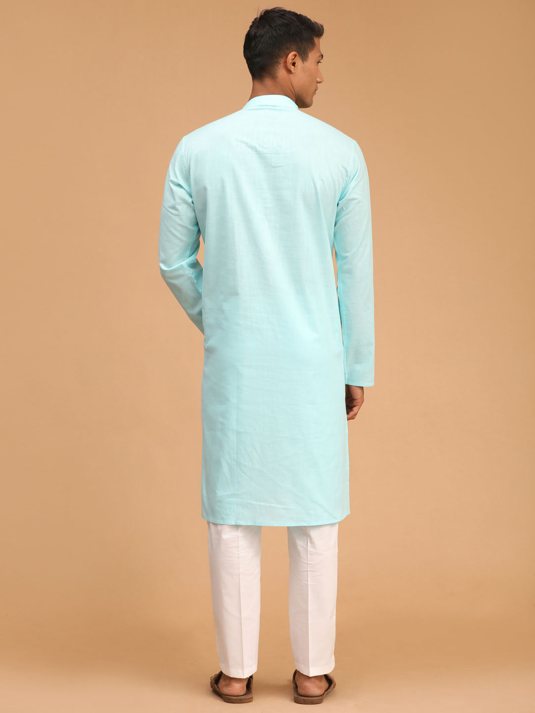 Men's Aqua Blue Cotton Kurta And White Cotton Pant Set