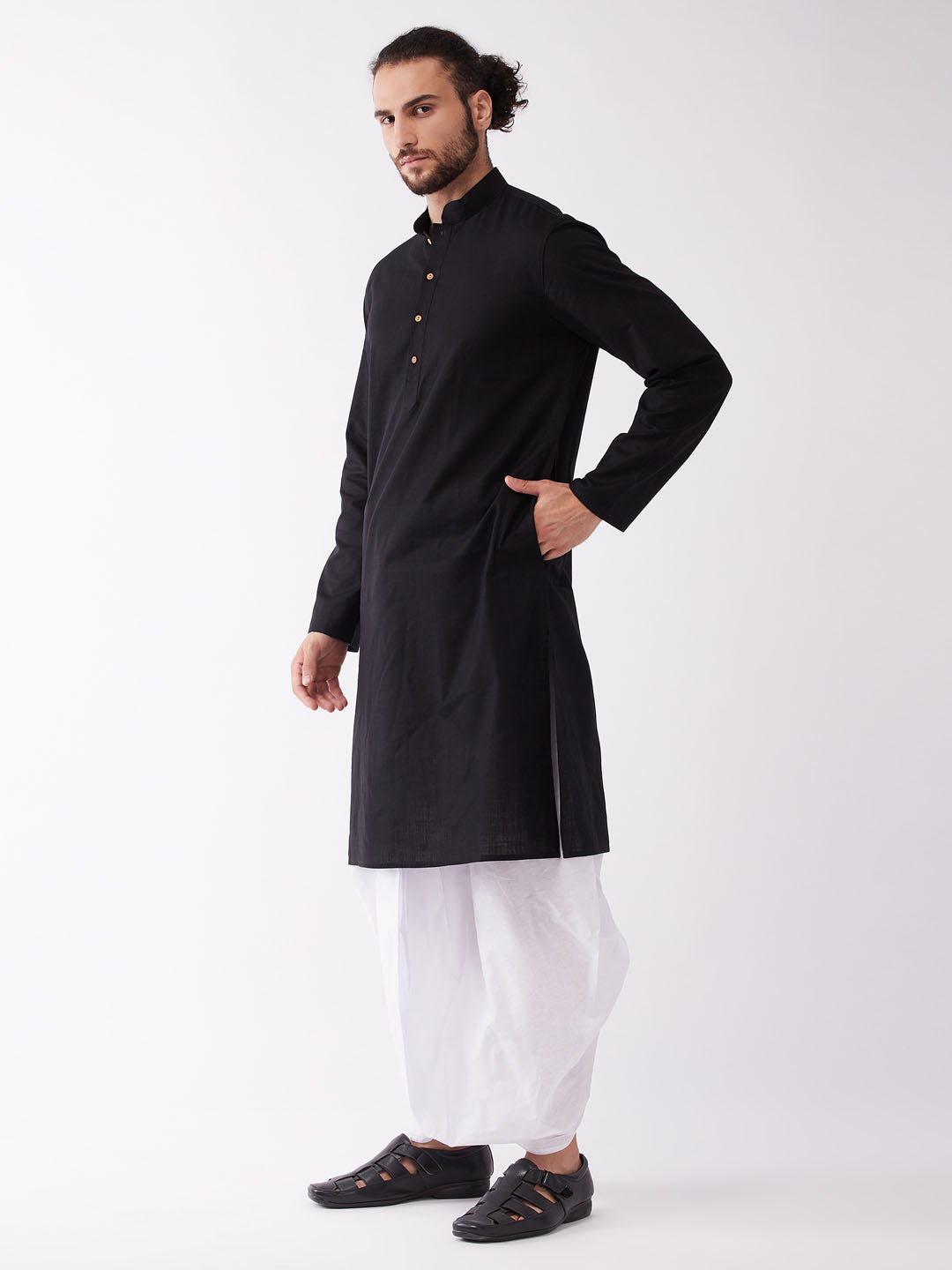 Men's Black Cotton Blend Kurta And White Dhoti Set