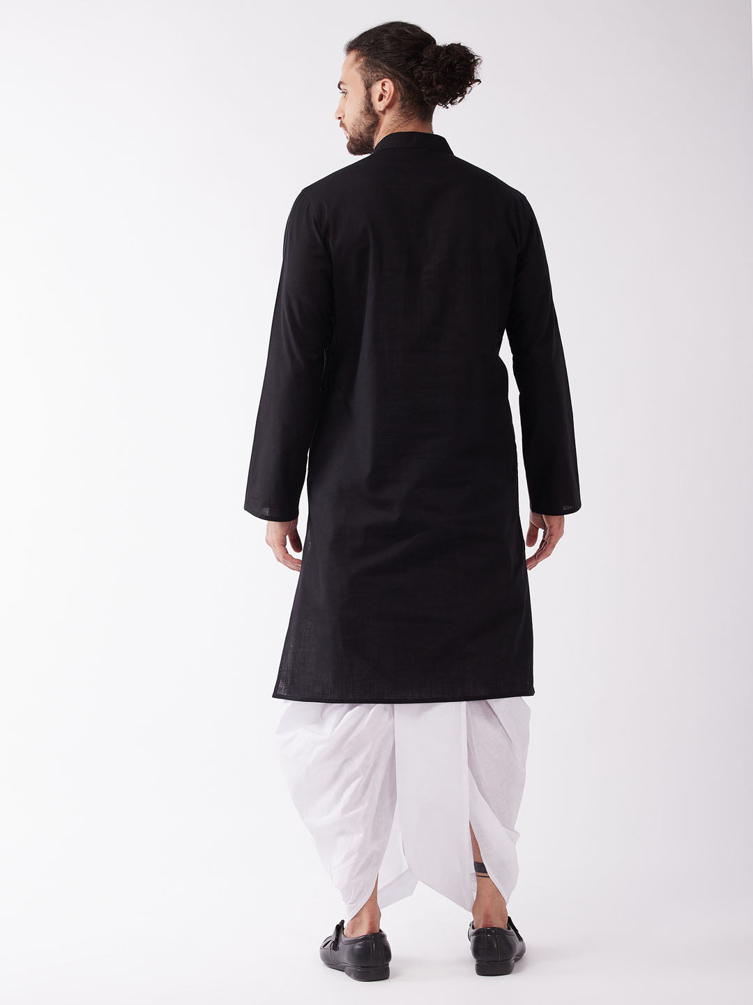 Men's Black Cotton Blend Kurta And White Dhoti Set