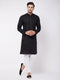 Men's Black Solid Cotton Blend Kurta & White Solid Cotton Pant Set
