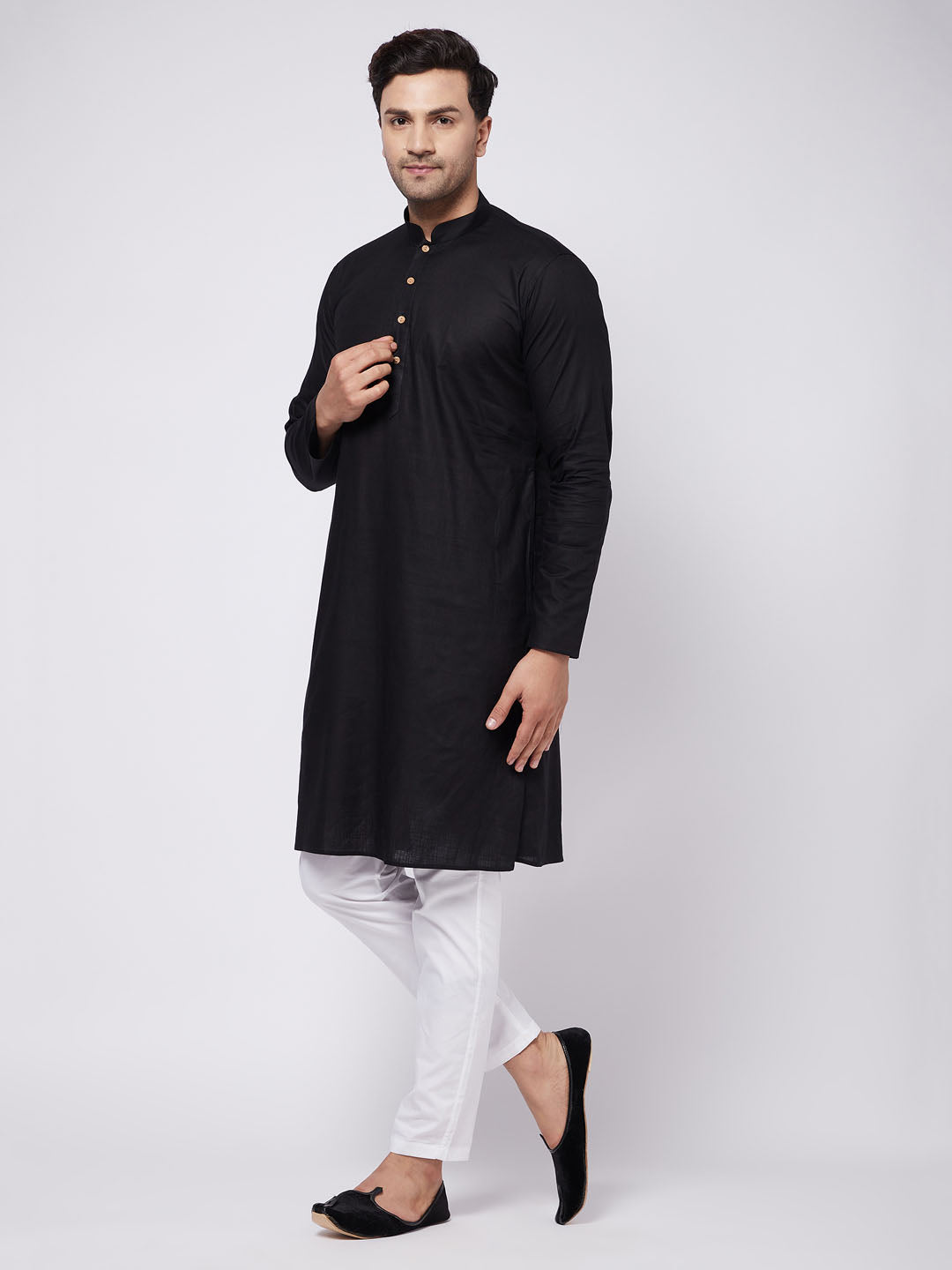 Men's Black Solid Cotton Blend Kurta & White Solid Cotton Pant Set