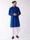 Men's Blue And White Cotton Blend Kurta And Dhoti Set