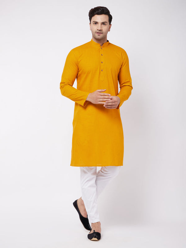 Men's Mustard And White Solid Cotton Blend Kurta With Cotton Pant Set