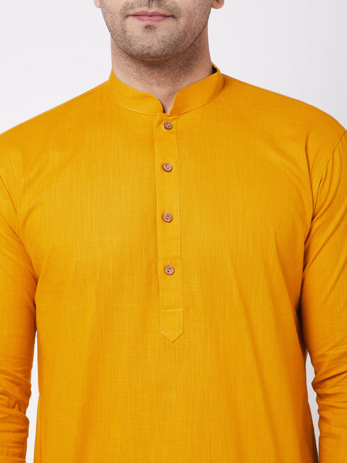 Men's Mustard And White Solid Cotton Blend Kurta With Cotton Pant Set