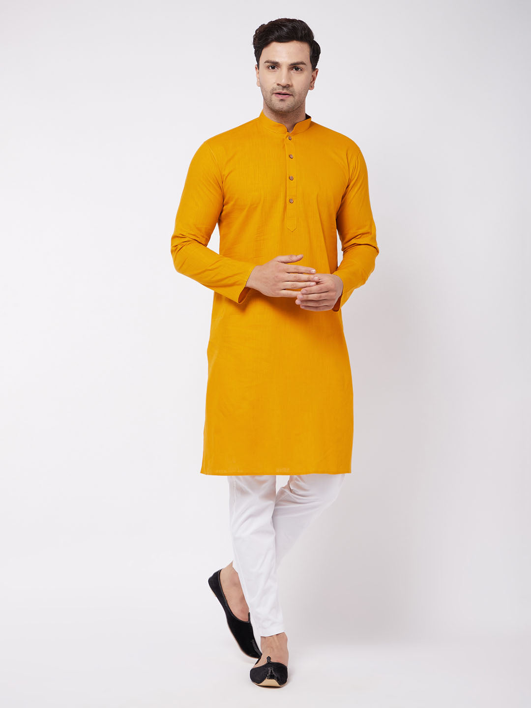 Men's Mustard And White Solid Cotton Blend Kurta With Cotton Pant Set