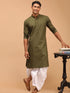 Men's Mehdi Green Solid Cotton Blend Kurta And White Dhoti Set