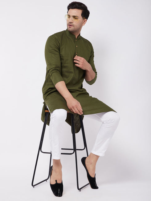Men's Mehendi Green Solid Cotton Blend Kurta And White Pyjama Set