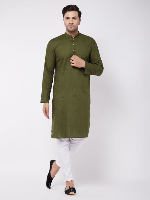 Men's Mehendi Green Solid Cotton Blend Kurta And White Cotton Pant Set