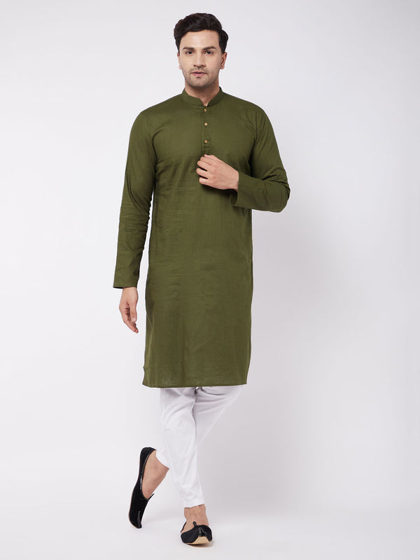 Men's Mehendi Green Solid Cotton Blend Kurta And White Cotton Pant Set