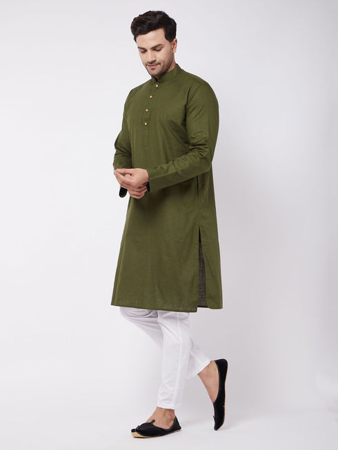 Men's Mehendi Green Solid Cotton Blend Kurta And White Cotton Pant Set