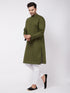 Men's Mehendi Green Solid Cotton Blend Kurta And White Cotton Pant Set