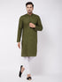 Men's Mehendi Green Solid Cotton Blend Kurta And White Cotton Pant Set