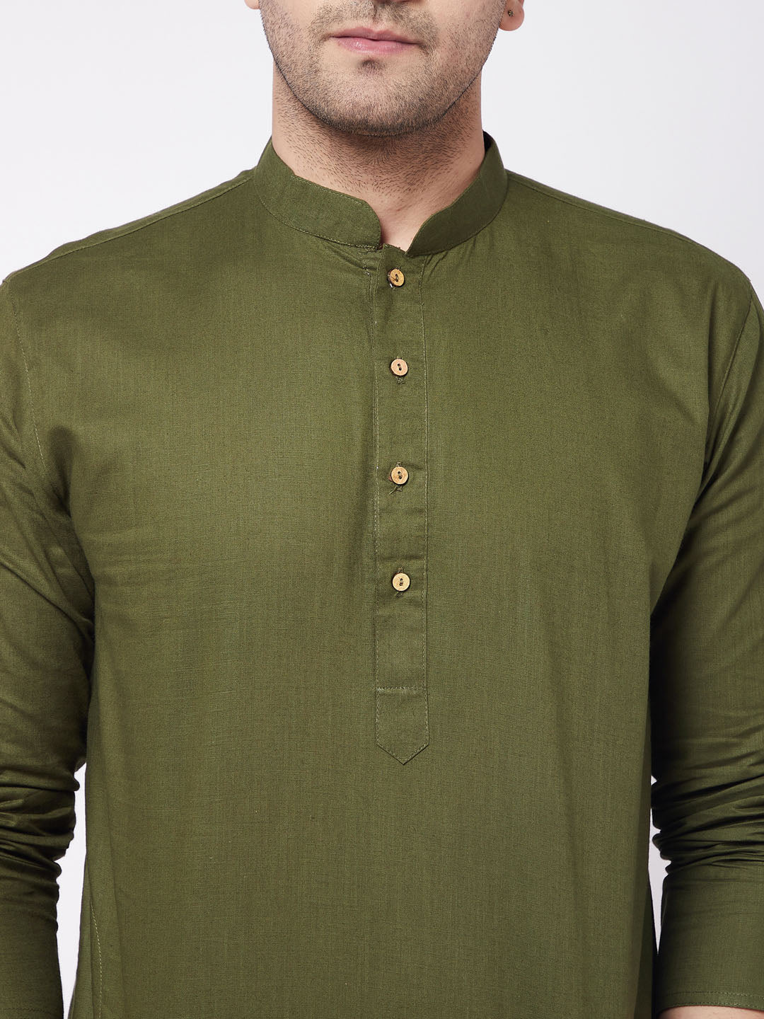 Men's Mehendi Green Solid Cotton Blend Kurta And White Cotton Pant Set