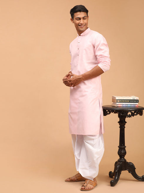Men's Pink Cotton Kurta And White Solid Dhoti Set