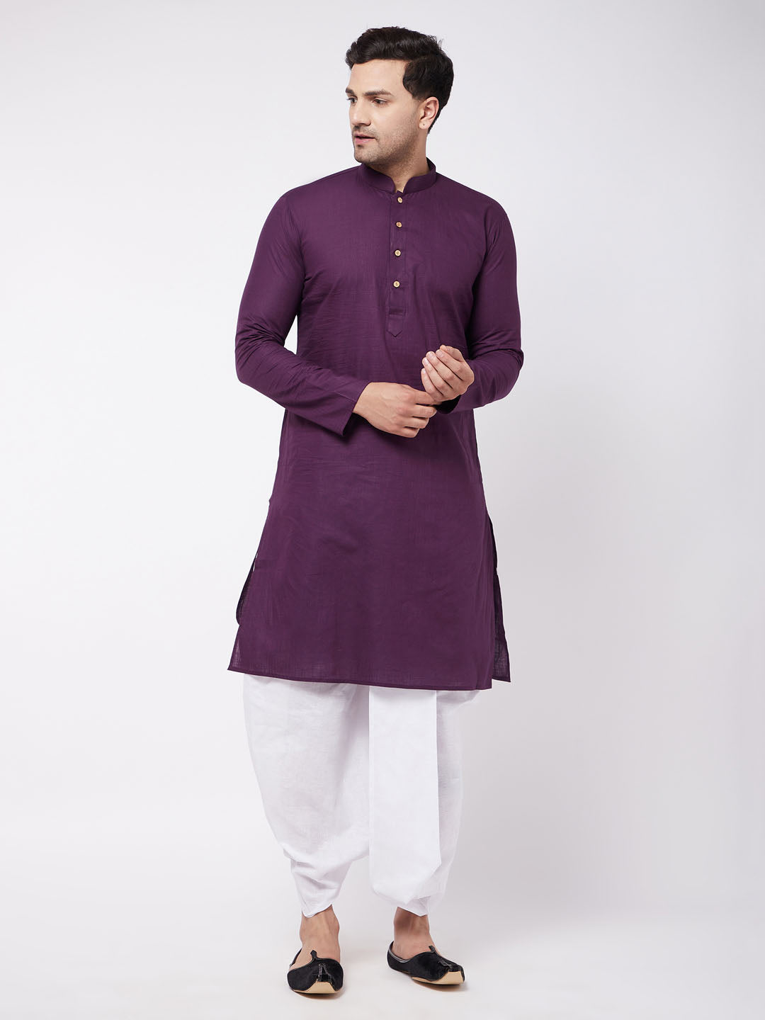 Men's Purple And White Cotton Blend Kurta And Dhoti Set