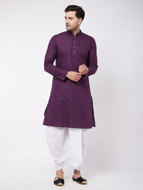 Men's Purple And White Cotton Blend Kurta And Dhoti Set