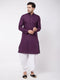 Men's Purple And White Cotton Blend Kurta And Dhoti Set