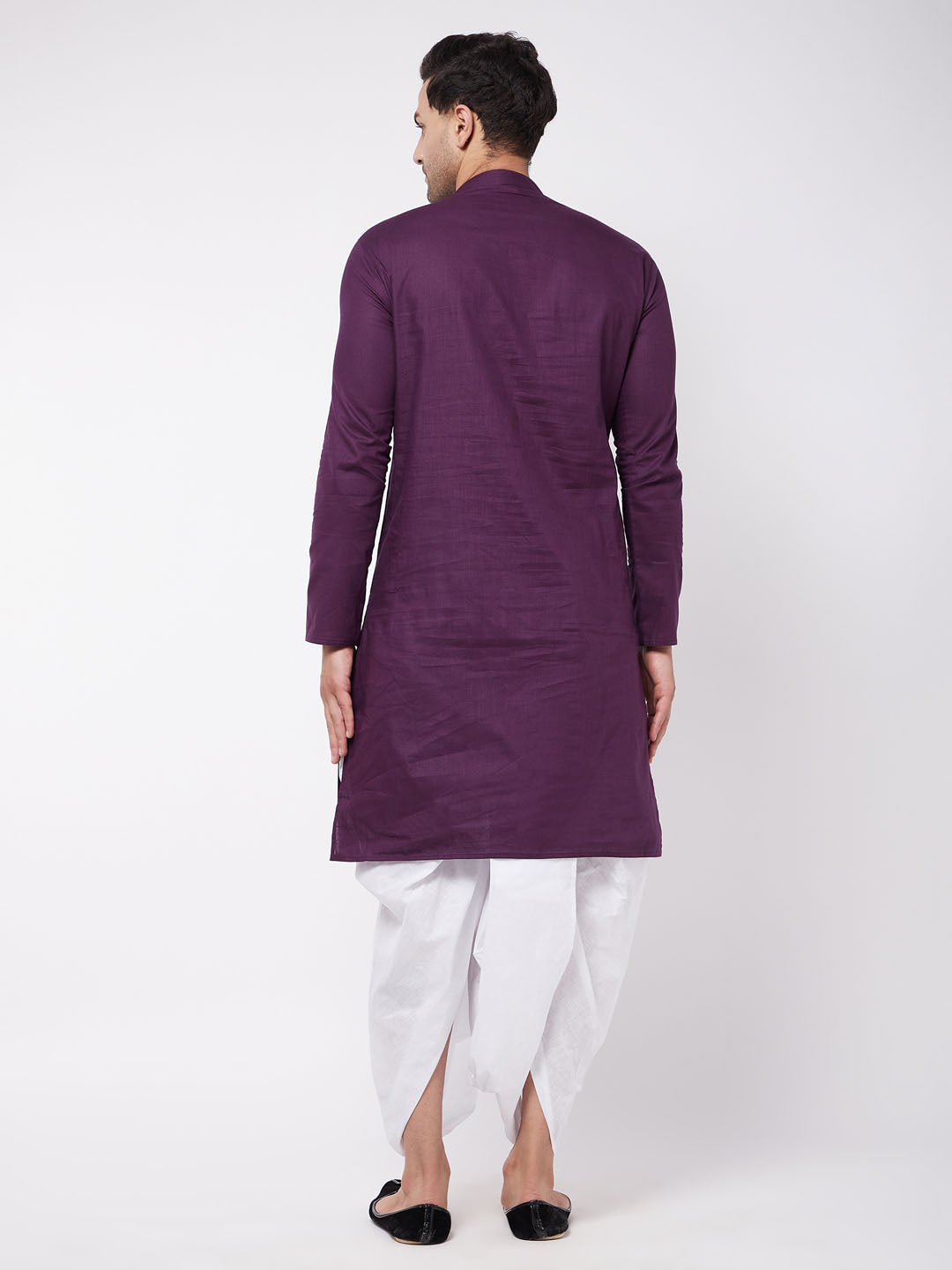 Men's Purple And White Cotton Blend Kurta And Dhoti Set