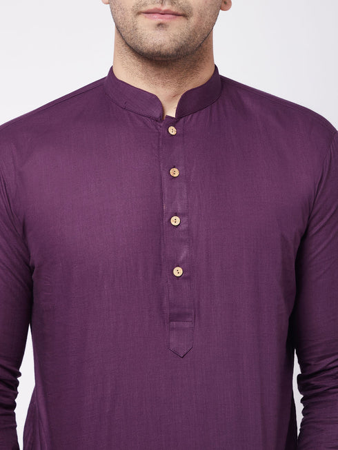 Men's Purple And White Cotton Blend Kurta And Dhoti Set