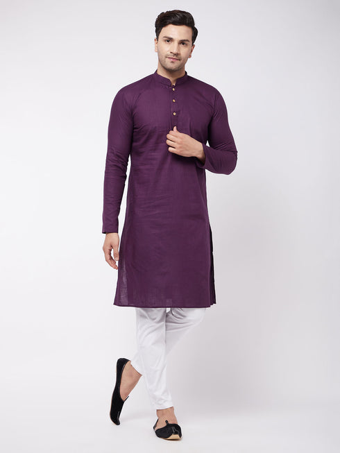 Men's Purple Solid Cotton Blend Kurta And White Cotton Pant Set