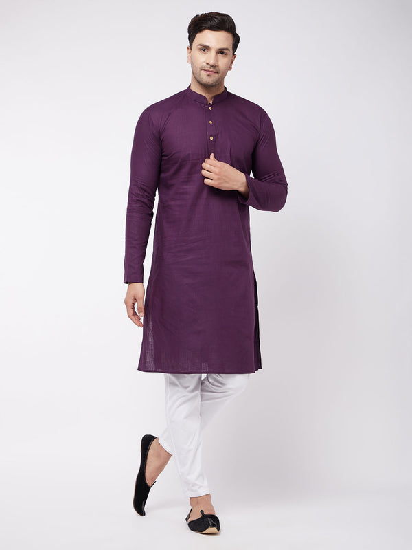 Men's Purple Solid Cotton Blend Kurta And White Cotton Pant Set