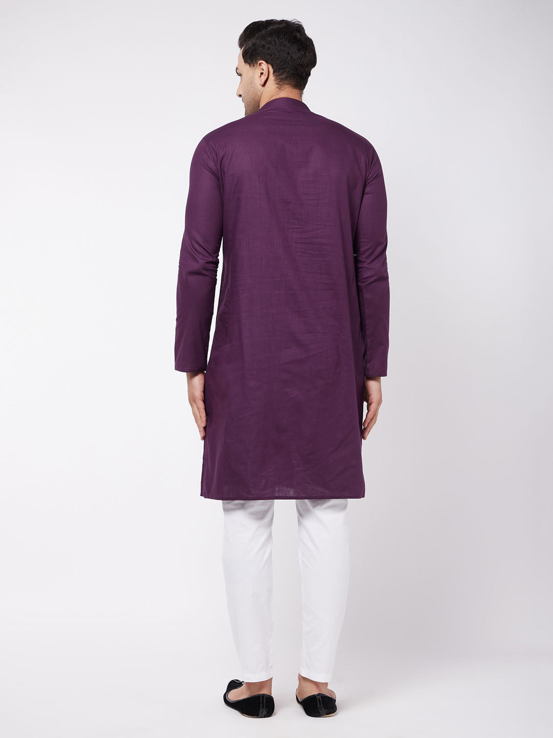Men's Purple Solid Cotton Blend Kurta And White Cotton Pant Set