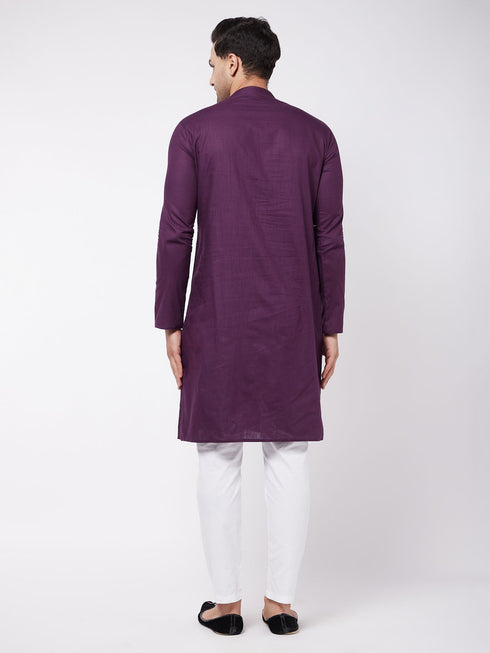 Men's Purple Solid Cotton Blend Kurta And White Cotton Pant Set