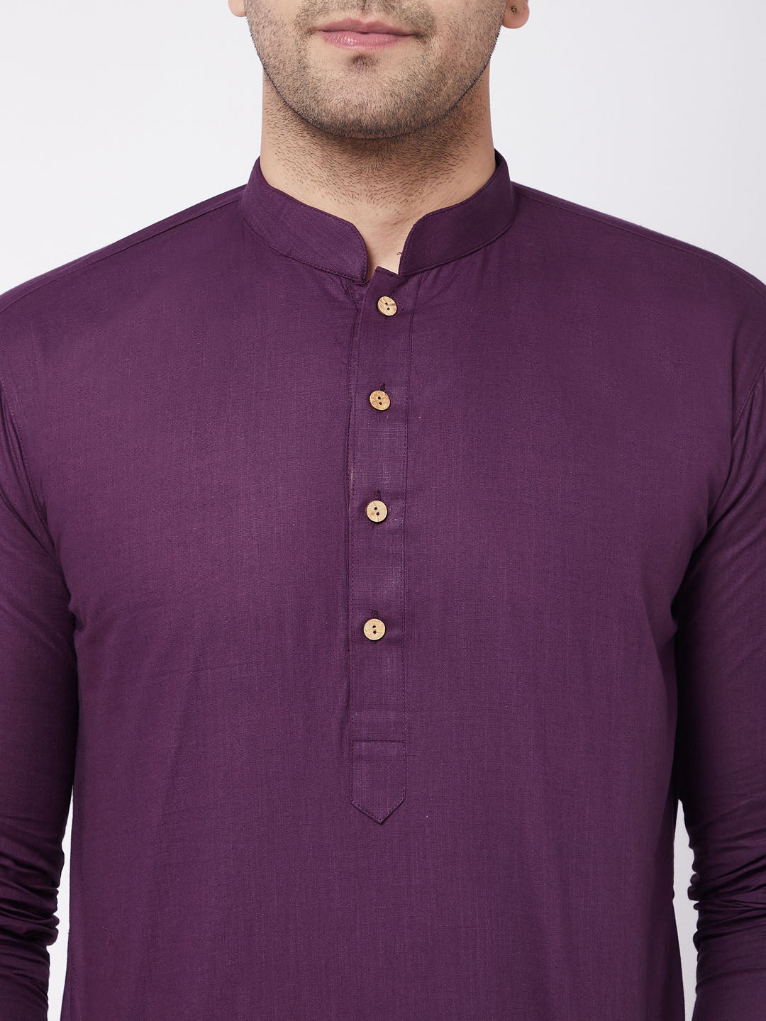 Men's Purple Solid Cotton Blend Kurta And White Cotton Pant Set