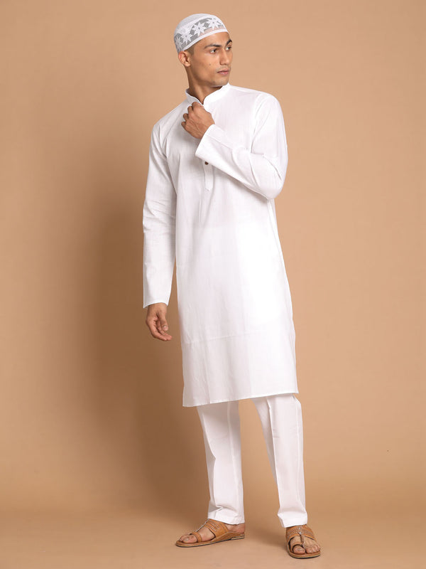 Men White Kurta And Cotton Pant Set With Prayer Cap