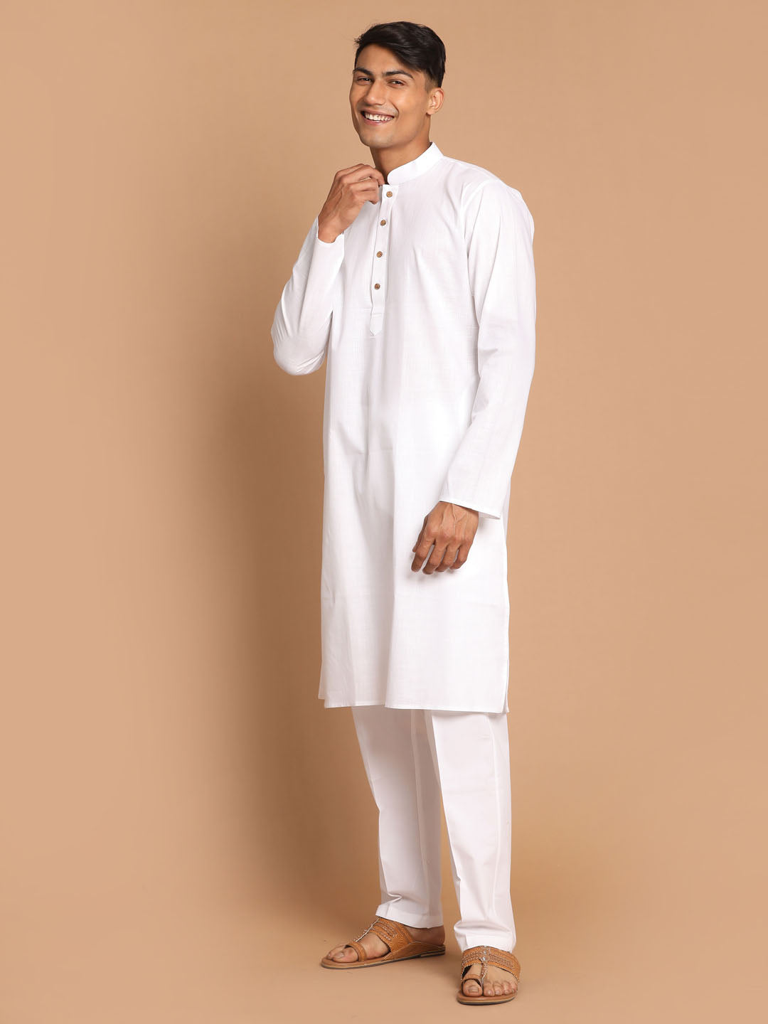 Men White Kurta And Cotton Pant Set With Prayer Cap
