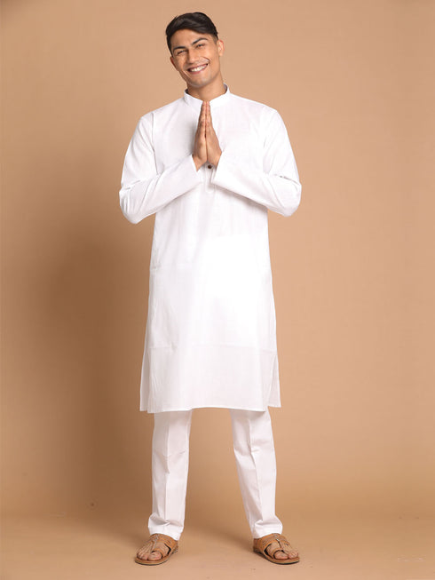 Men's White Cotton Kurta With White Cotton Pant Style Pyjama Set