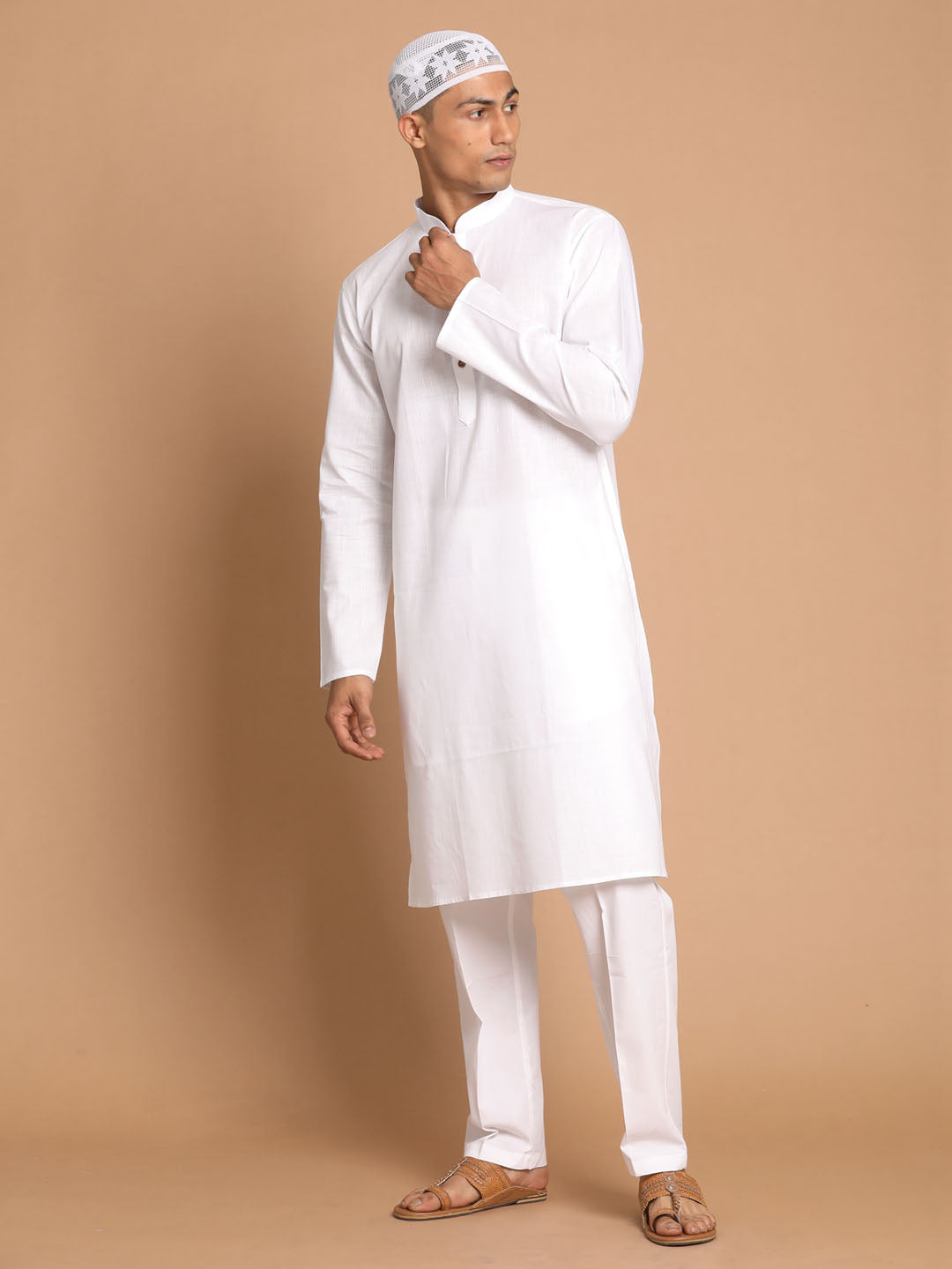 Men White Kurta And Cotton Pant Set With Prayer Cap
