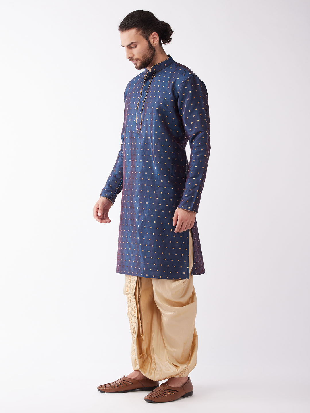 Men's Blue Zari Weaved Kurta Dhoti Set