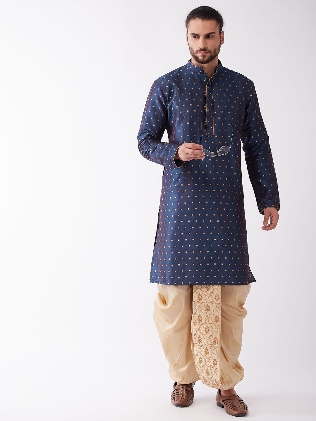 Men's Blue Zari Weaved Kurta Dhoti Set