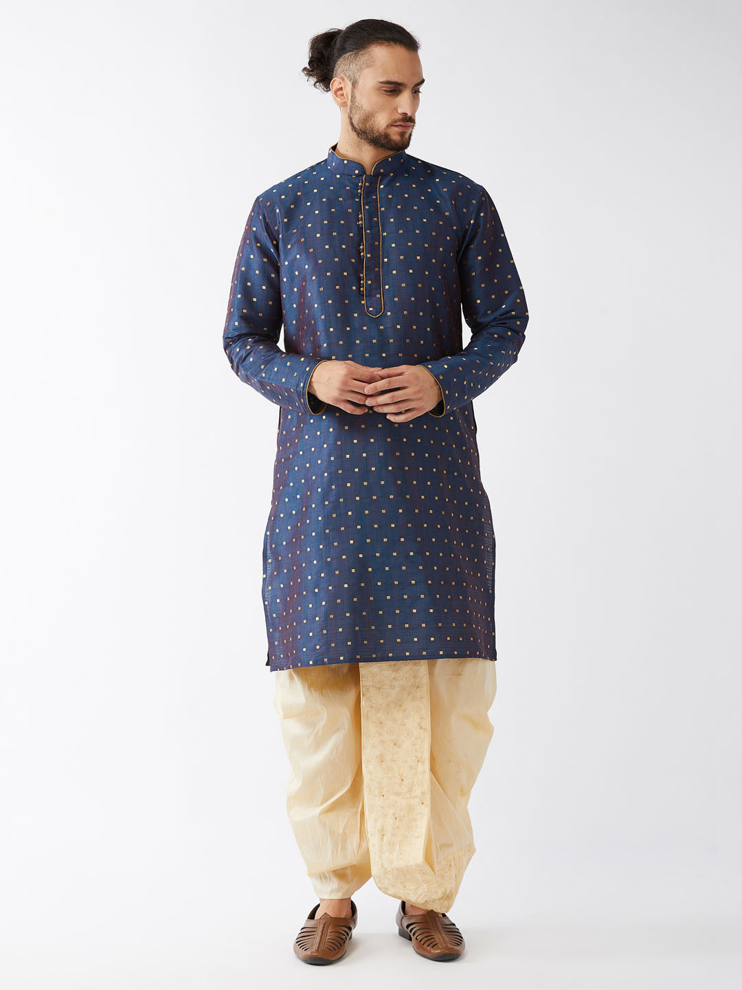 Men's Blue Zari Weaved Kurta Dhoti Set