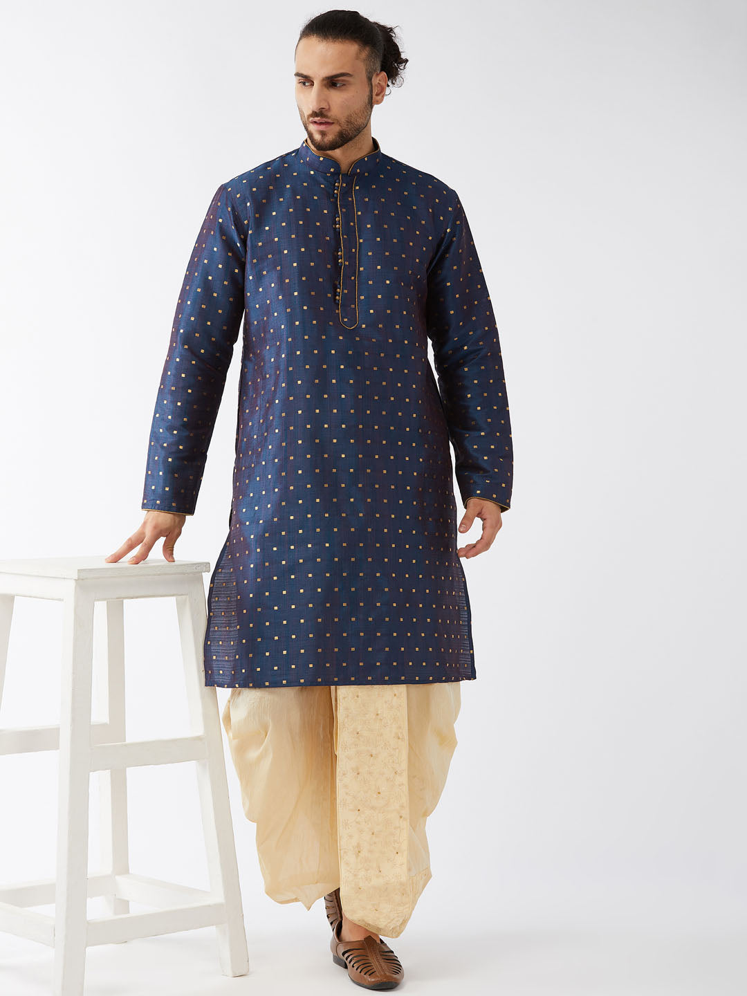 Men's Blue Zari Weaved Kurta Dhoti Set