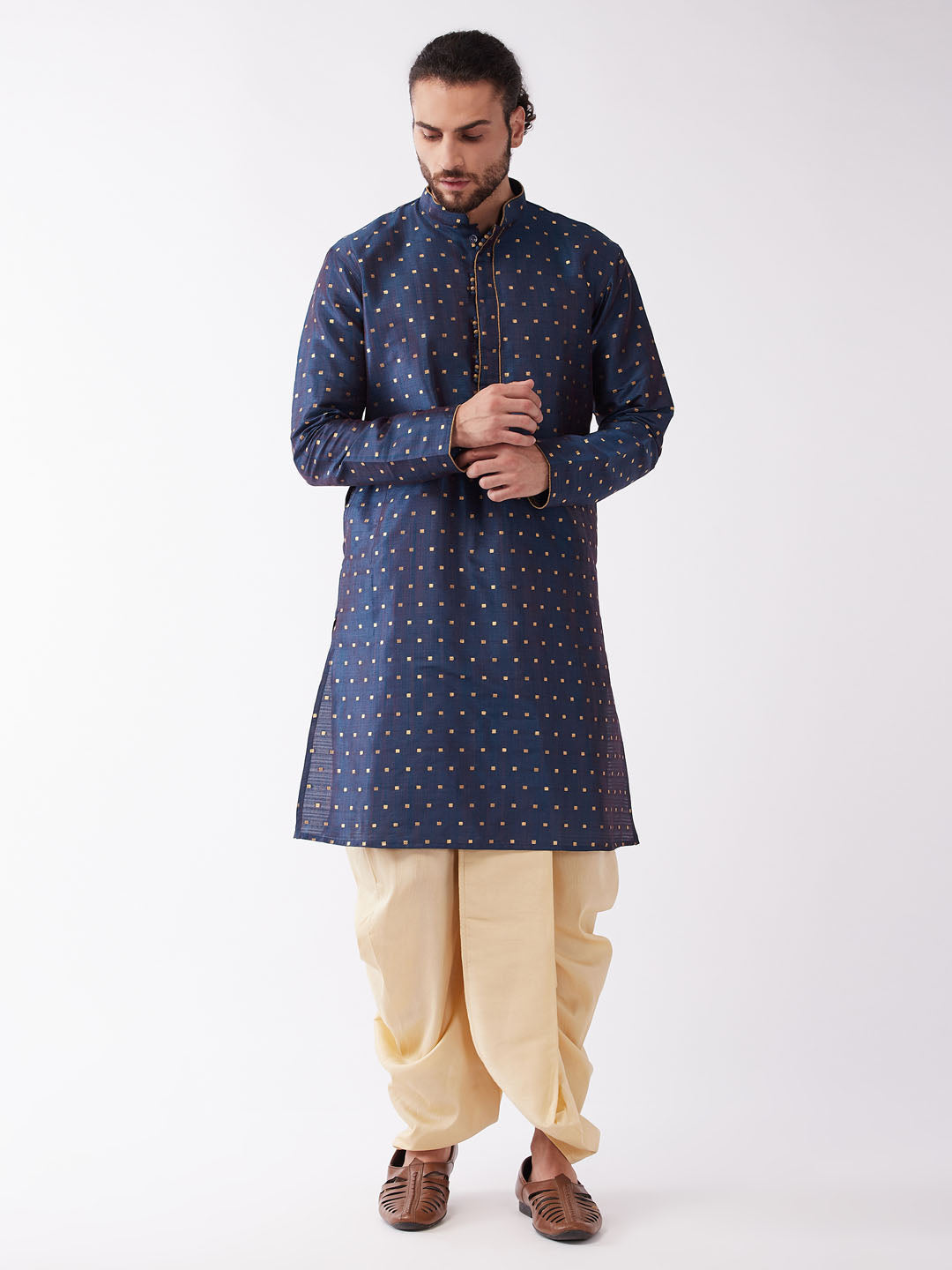 Men's Blue Zari Weaved Kurta Dhoti Set