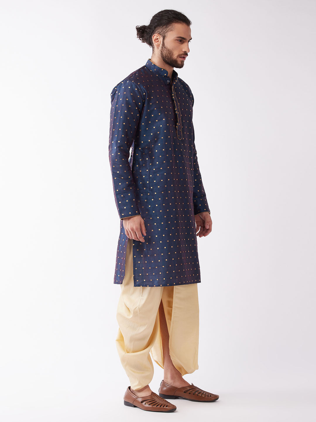 Men's Blue Zari Weaved Kurta Dhoti Set