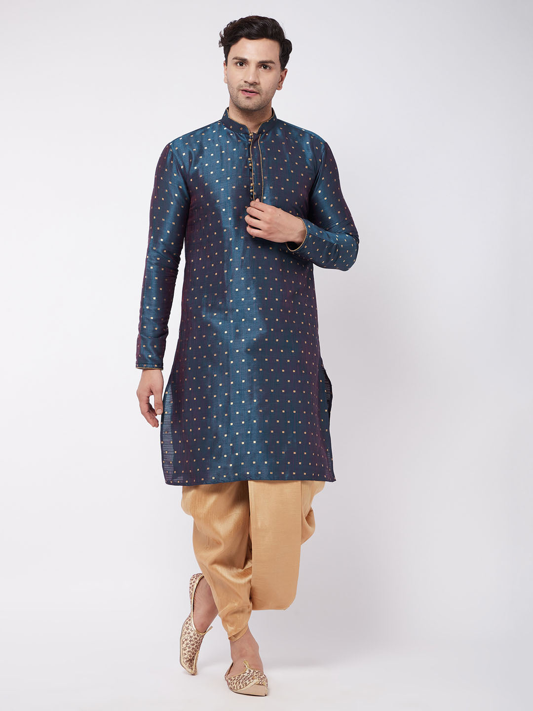 Men's Blue Zari Weaved Kurta Dhoti Set