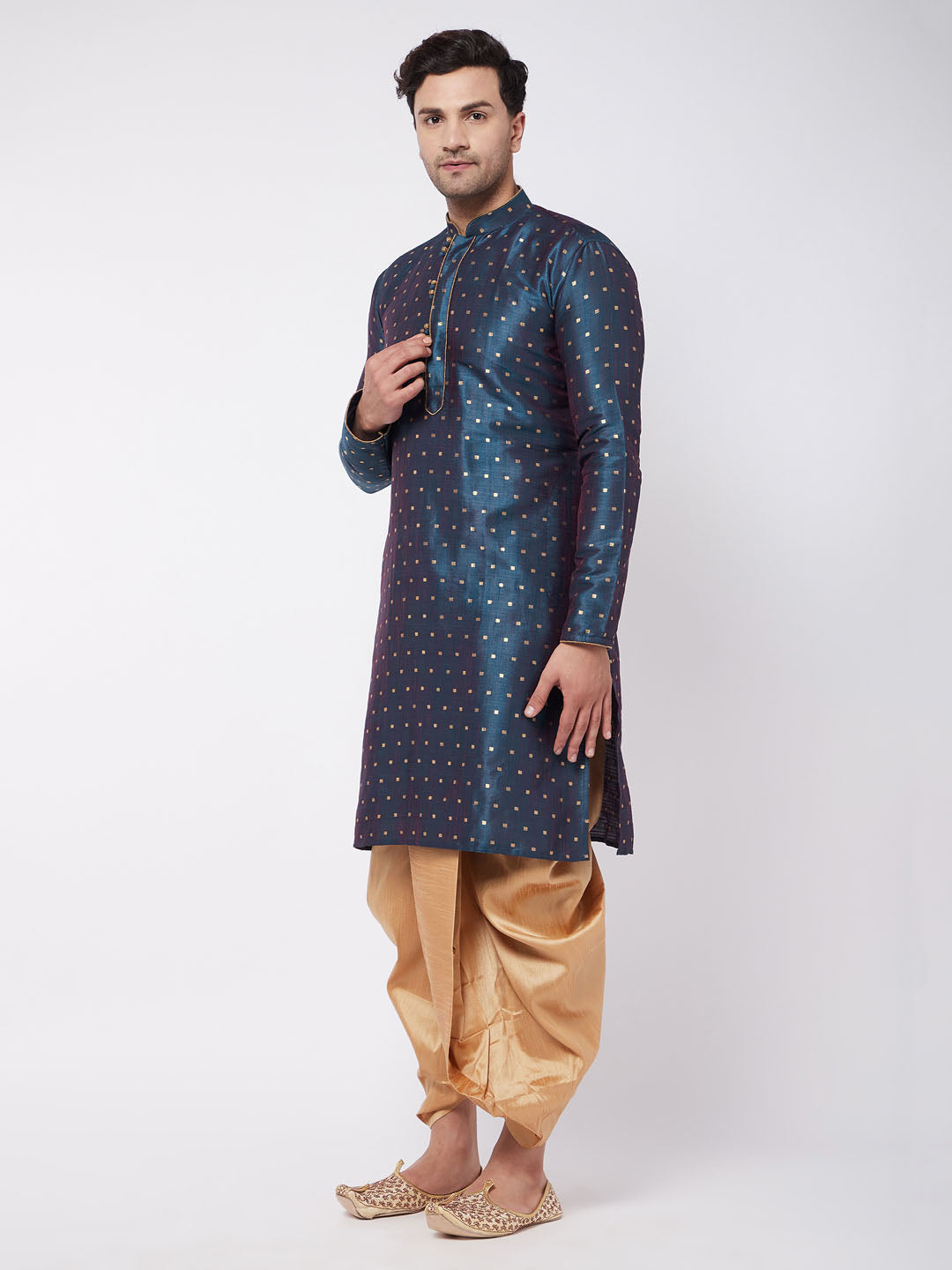 Men's Blue Zari Weaved Kurta Dhoti Set