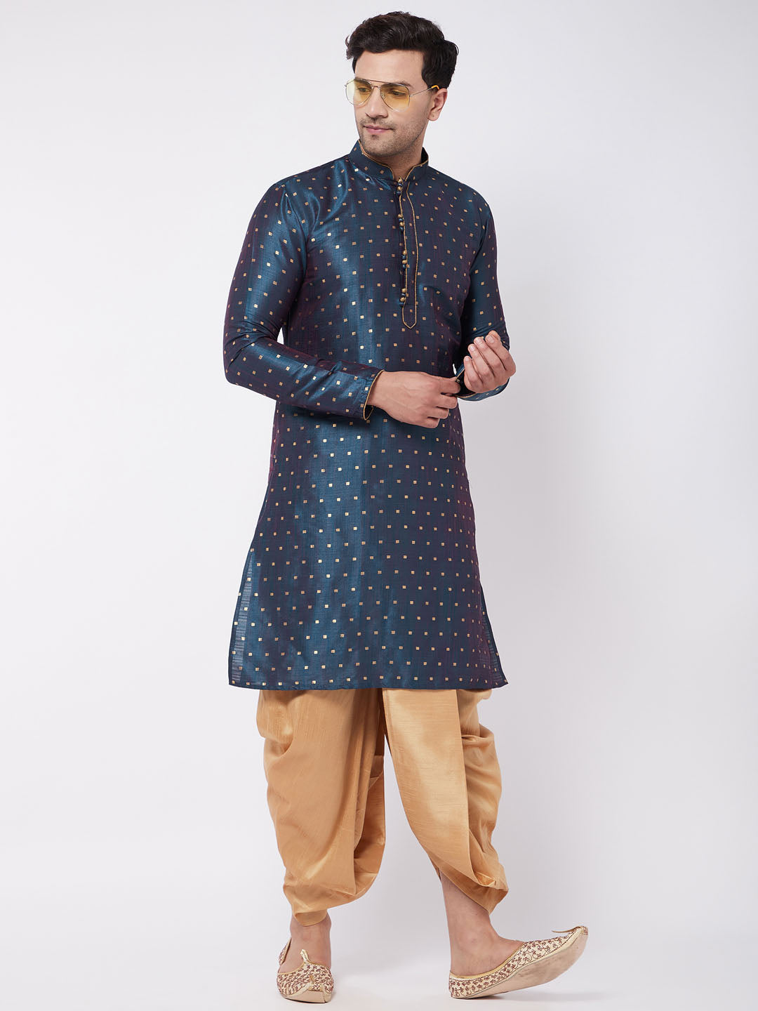 Men's Blue Zari Weaved Kurta Dhoti Set