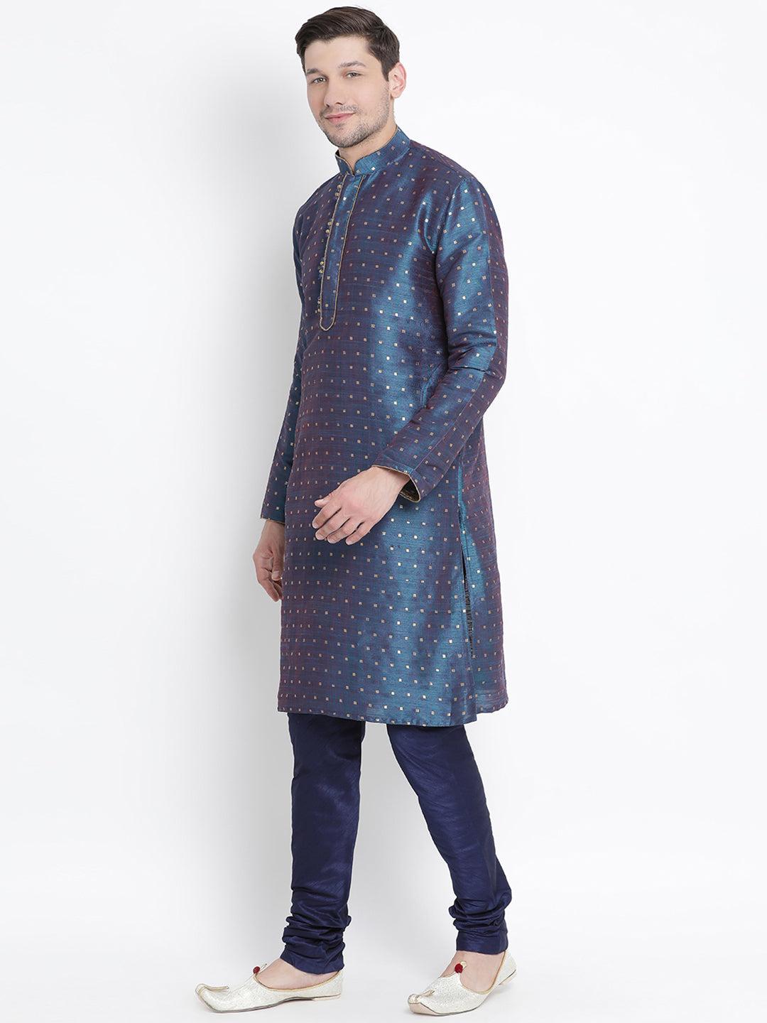 Men's Blue Cotton Silk Blend Kurta and Pyjama Set
