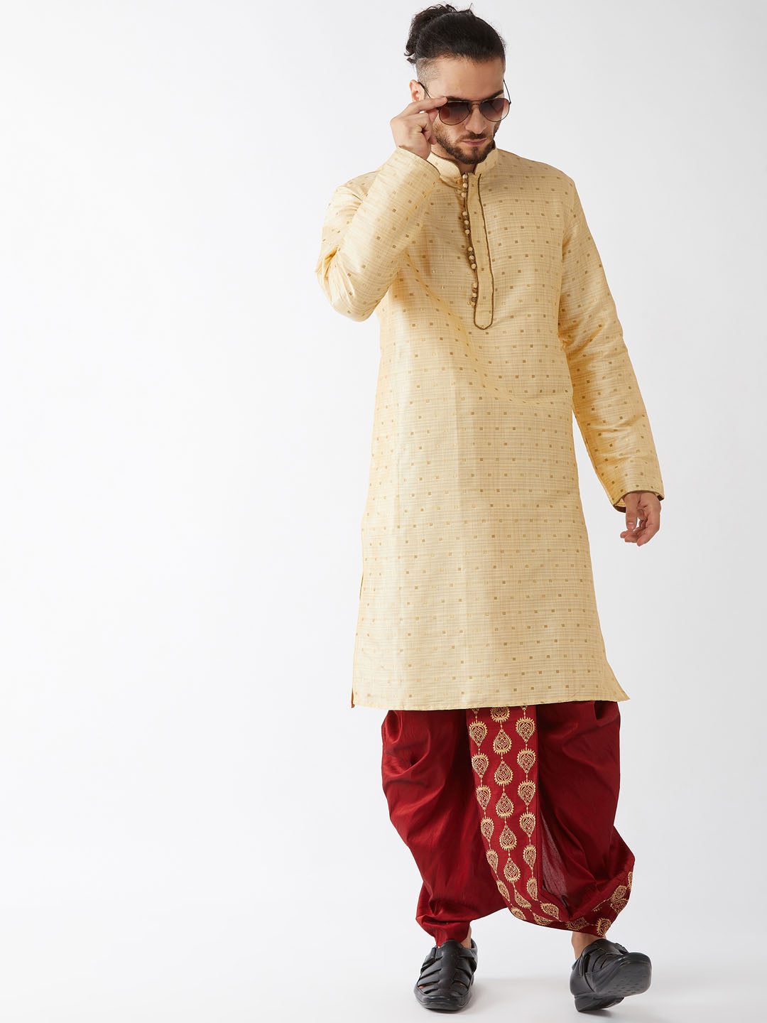 Men's Gold Zari Weaved Kurta Dhoti Set