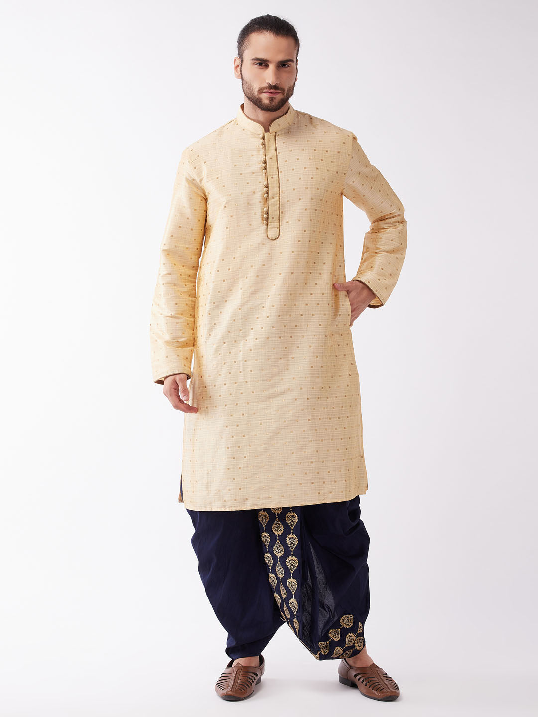 Men's Gold Zari Weaved Kurta Dhoti Set