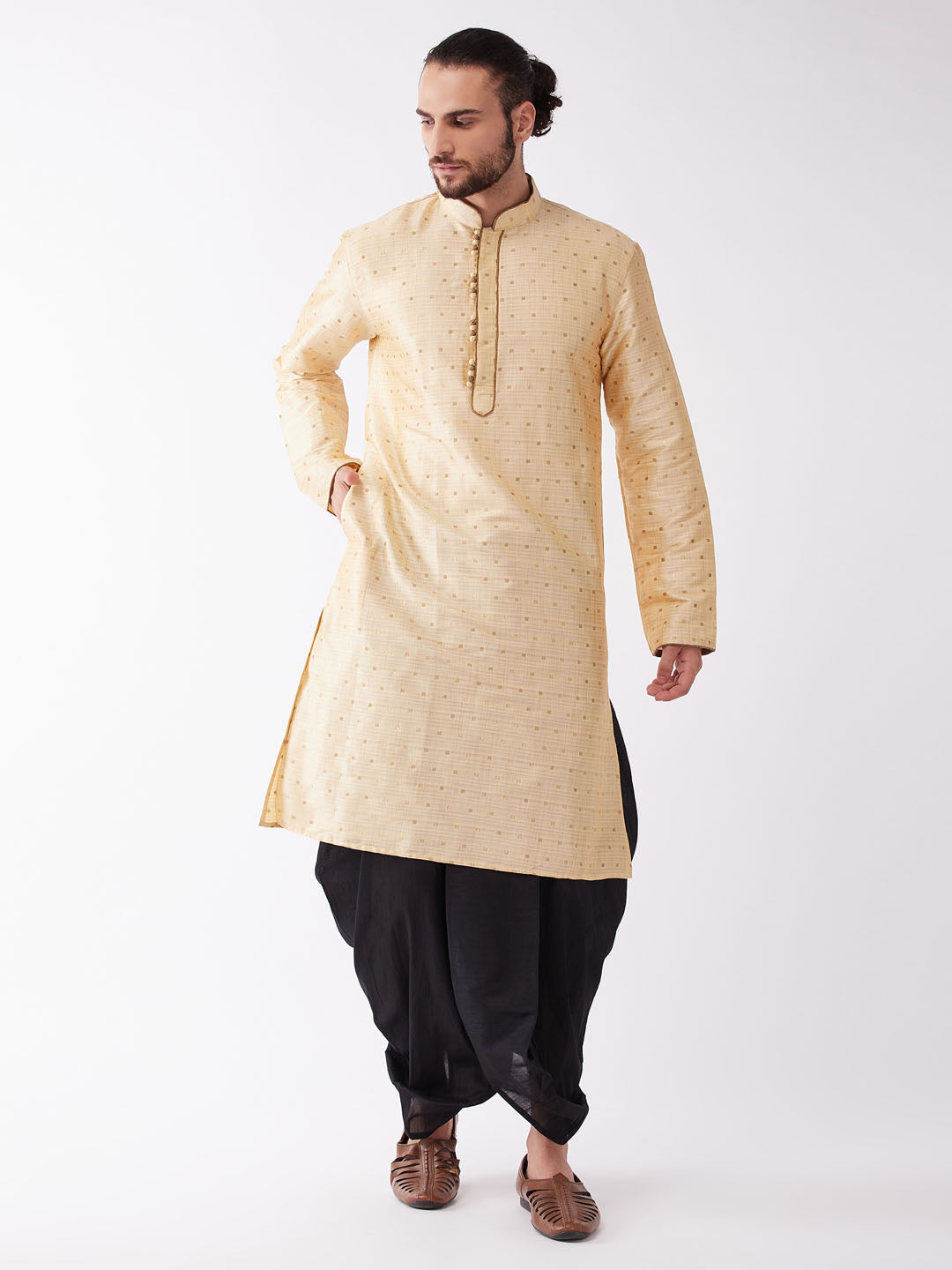 Men's Gold Zari Weaved Kurta Dhoti Set