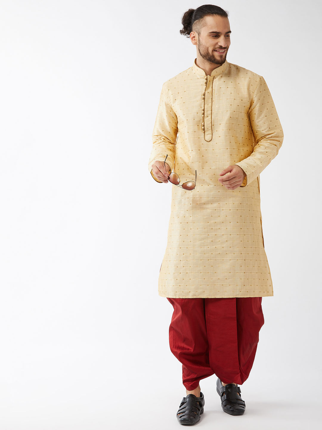 Men's Gold Zari Weaved Kurta Dhoti Set