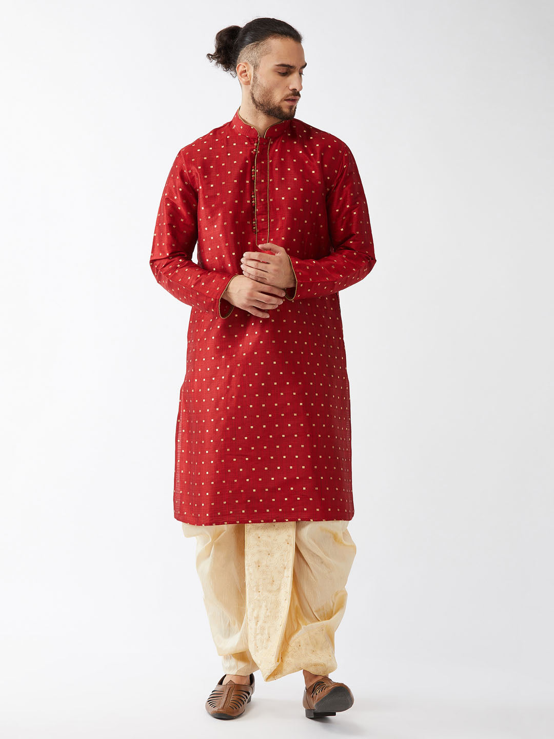 Men's Maroon Zari Weaved Kurta Dhoti Set