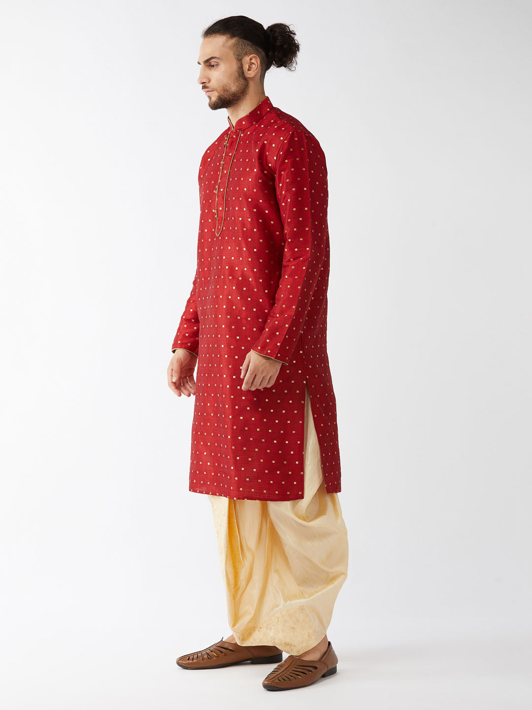 Men's Maroon Zari Weaved Kurta Dhoti Set